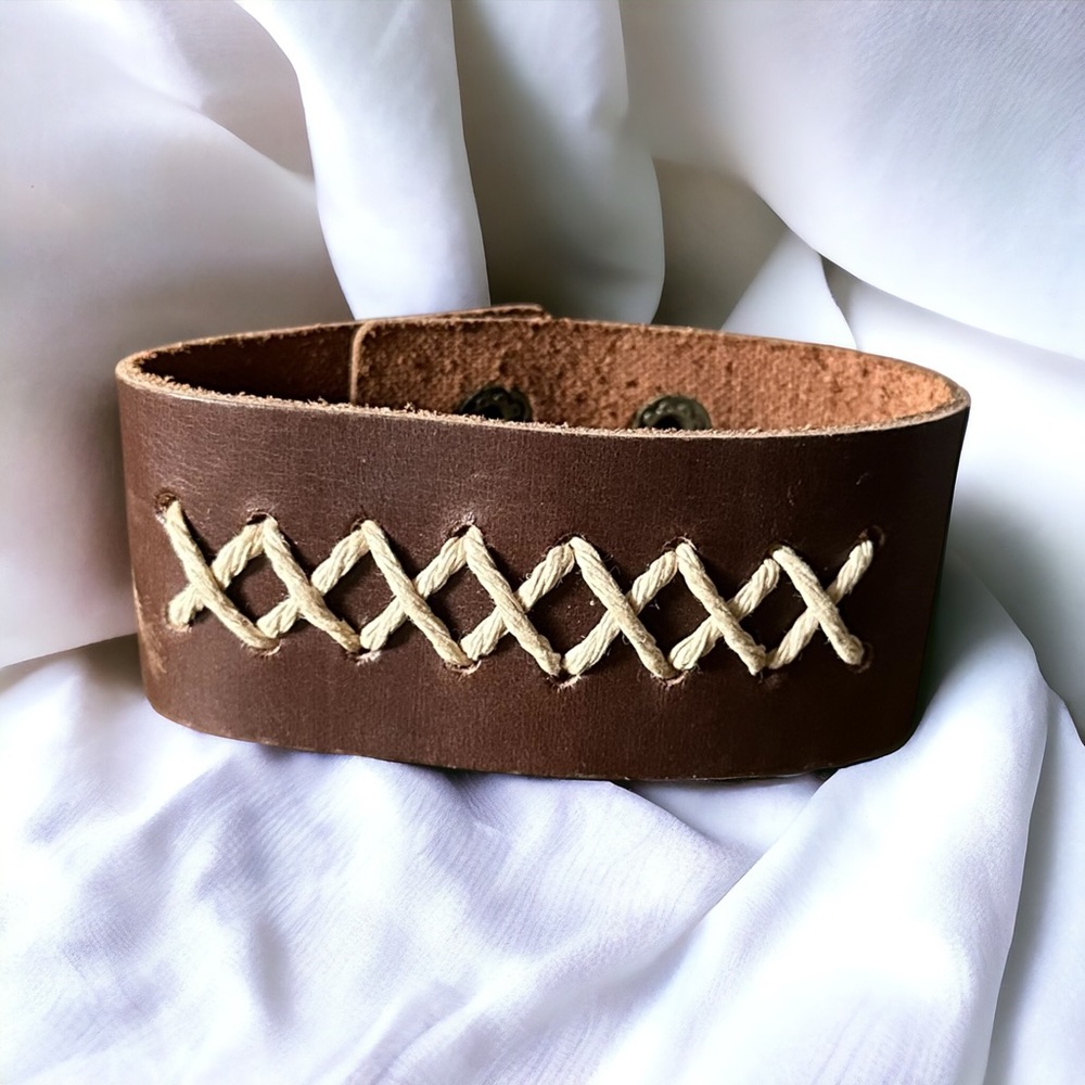 Vintage leather criss cross stitch wide leather bracelet